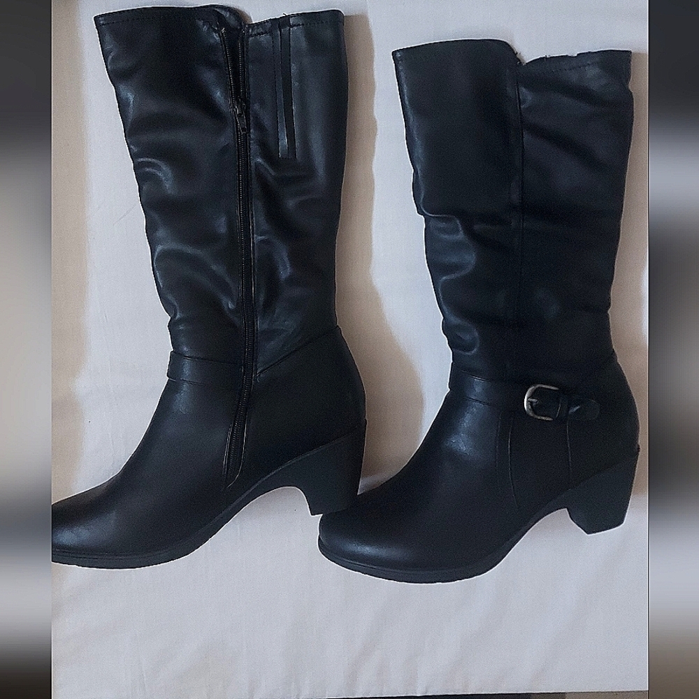 Dark Academia Gracie Boots Black Knee-High Block Heel Cozy Lining Size 10.5B